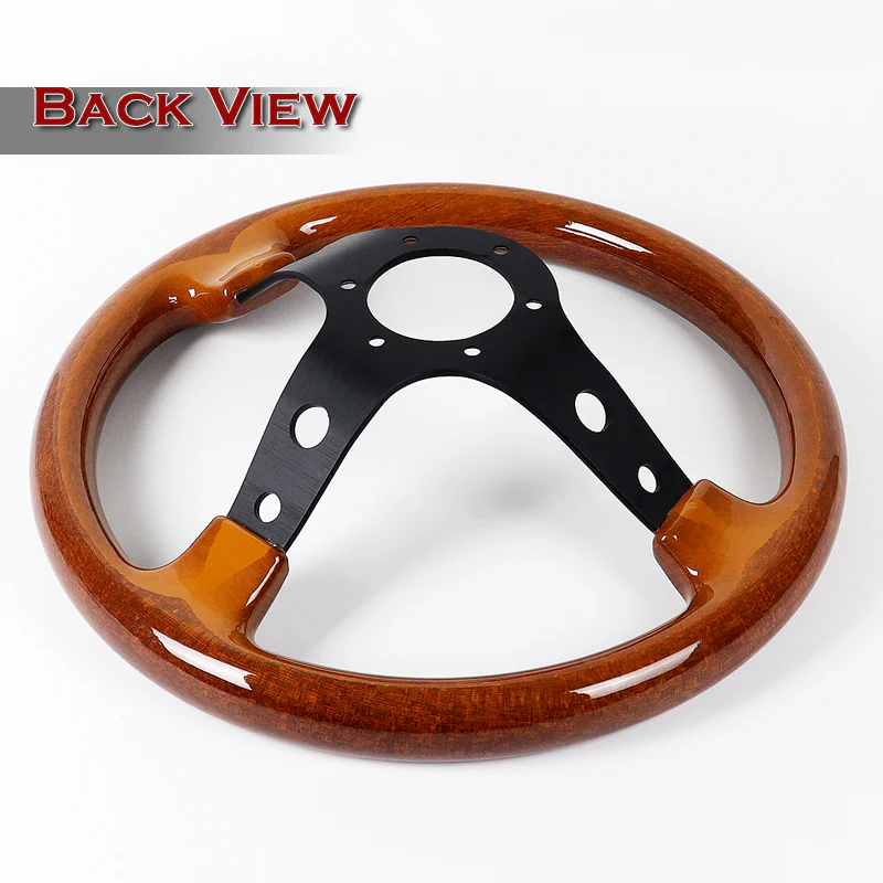 W-Power 13" 330mm 6-Bolt Hole JDM Euro VIP Style Galaxy Dark Brown Classic Wood Grip With Aluminum Finished 3-Spoke 3 Inches Deep Dish Steering Wheel -Black Center Spoke - Image 5