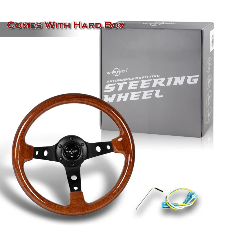 W-Power 13" 330mm 6-Bolt Hole JDM Euro VIP Style Galaxy Dark Brown Classic Wood Grip With Aluminum Finished 3-Spoke 3 Inches Deep Dish Steering Wheel -Black Center Spoke - Image 6