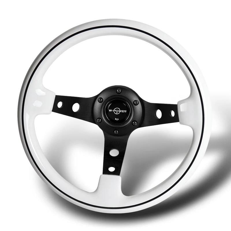 W-Power 13" 330mm 6-Bolt Hole JDM Euro VIP Style Galaxy White Classic Wood Grip With Aluminum Finished 3-Spoke 3 Inches Deep Dish Steering Wheel -Black Center Spoke - Image 3