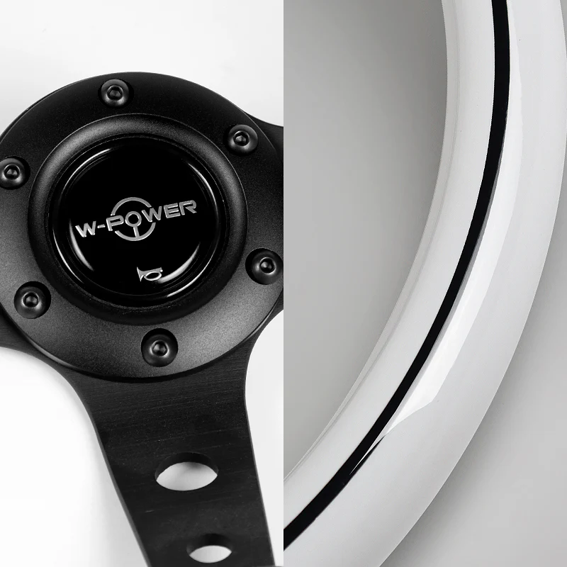 W-Power 13" 330mm 6-Bolt Hole JDM Euro VIP Style Galaxy White Classic Wood Grip With Aluminum Finished 3-Spoke 3 Inches Deep Dish Steering Wheel -Black Center Spoke - Image 4