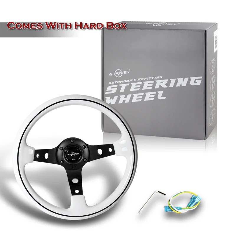 W-Power 13" 330mm 6-Bolt Hole JDM Euro VIP Style Galaxy White Classic Wood Grip With Aluminum Finished 3-Spoke 3 Inches Deep Dish Steering Wheel -Black Center Spoke - Image 6