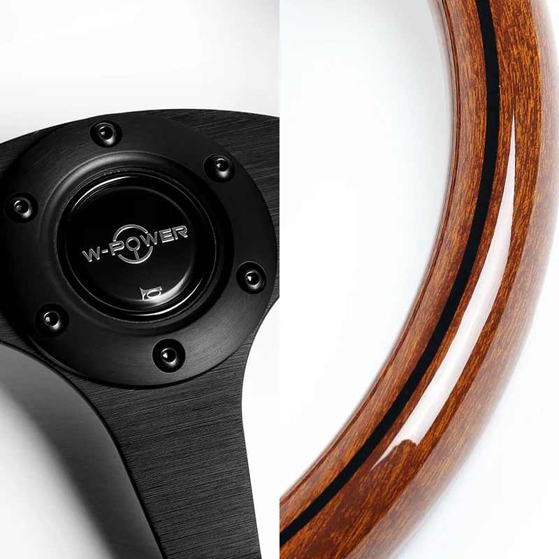 W-Power 13" 330mm Reinforced 6-Bolt Hole JDM Euro VIP Style Galaxy Classic Wood Grain Trim Grip With Aluminum Finished 3-Spoke Steering Wheel -Brown Wood With Black Line Grip - Image 3