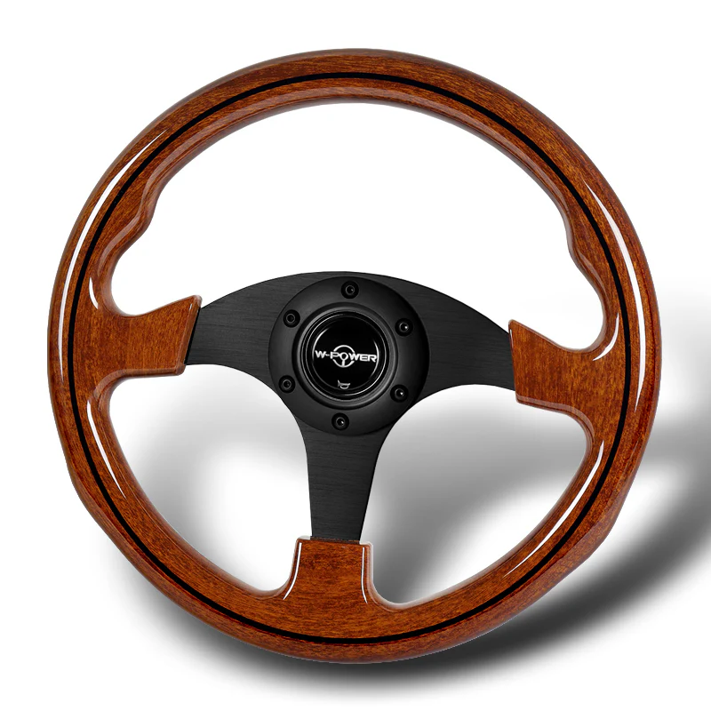 W-Power 13" 330mm Reinforced 6-Bolt Hole JDM Euro VIP Style Galaxy Classic Wood Grain Trim Grip With Aluminum Finished 3-Spoke Steering Wheel -Brown Wood With Black Line Grip - Image 4