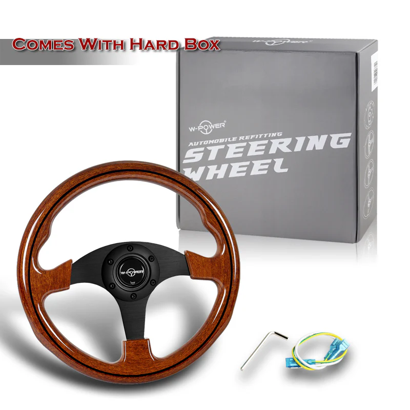 W-Power 13" 330mm Reinforced 6-Bolt Hole JDM Euro VIP Style Galaxy Classic Wood Grain Trim Grip With Aluminum Finished 3-Spoke Steering Wheel -Brown Wood With Black Line Grip - Image 6
