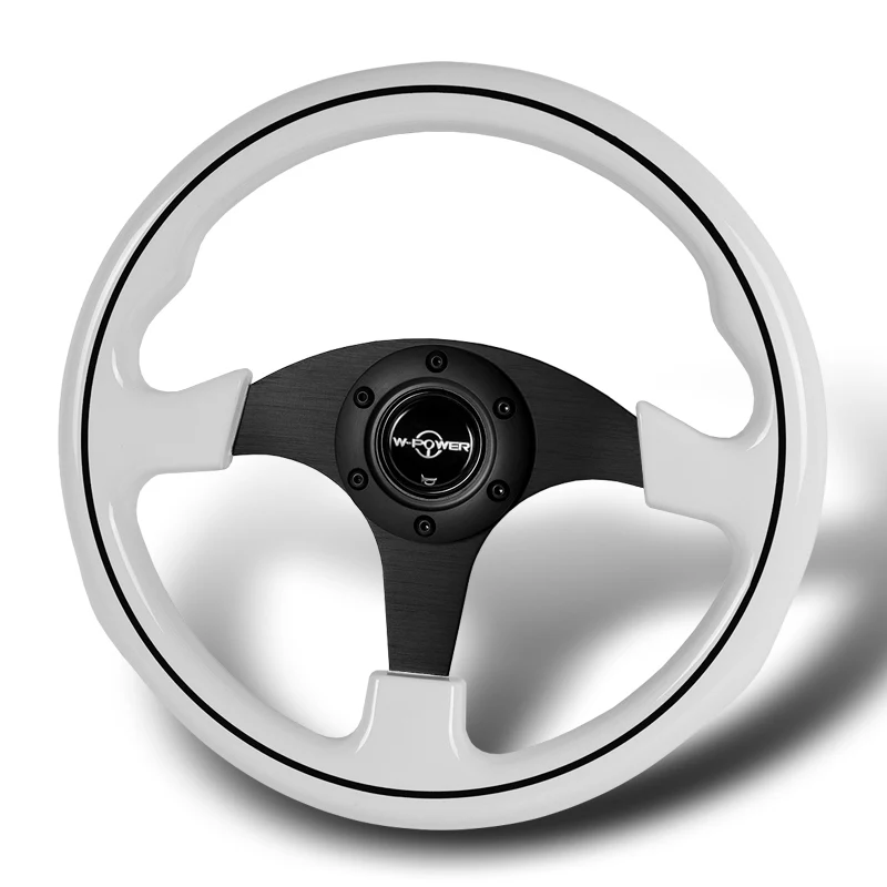 W-Power 13" 330mm Reinforced 6-Bolt Hole JDM Euro VIP Style Galaxy Classic Wood Grain Trim Grip With Aluminum Finished 3-Spoke Steering Wheel -White Wood With Black Line Grip - Image 4