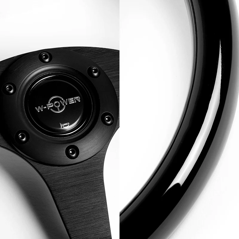 W-Power 13" 330mm Reinforced 6-Bolt Hole JDM Euro VIP Style Galaxy Classic Wood Grain Trim Grip With Aluminum Finished Matte Black 3-Spoke Steering Wheel -Black Wood Grip - Image 3