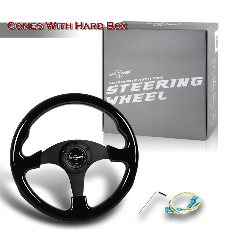 W-Power 13" 330mm Reinforced 6-Bolt Hole JDM Euro VIP Style Galaxy Classic Wood Grain Trim Grip With Aluminum Finished Matte Black 3-Spoke Steering Wheel -Black Wood Grip - Image 6