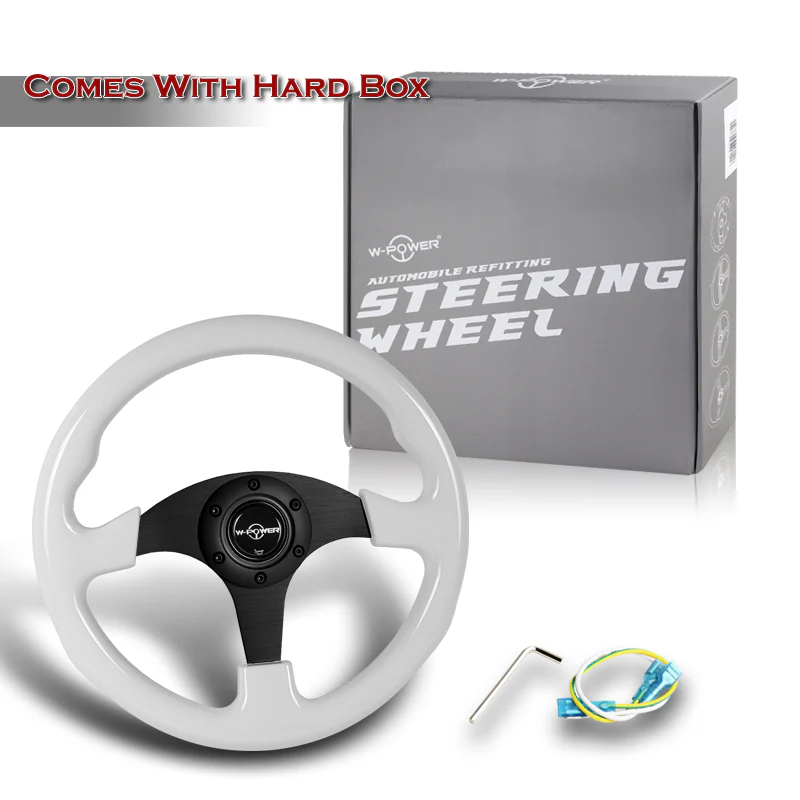 W-Power 13" 330mm Reinforced 6-Bolt Hole JDM Euro VIP Style Galaxy Classic Wood Grain Trim Grip With Aluminum Finished Matte Black 3-Spoke Steering Wheel -White Wood Grip - Image 6