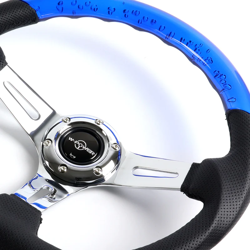 W-Power 13.5" 343mm 6-Bolt Hole JDM Euro VIP Style Blue Crystal Bubble With Black Leather Grip Aluminum Finished 3-Spoke 3 Inch Deep Dish Steering Wheel - Image 3