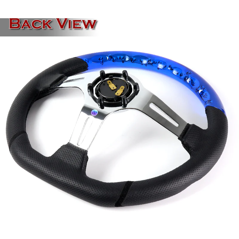 W-Power 13.5" 343mm 6-Bolt Hole JDM Euro VIP Style Blue Crystal Bubble With Black Leather Grip Aluminum Finished 3-Spoke 3 Inch Deep Dish Steering Wheel - Image 4