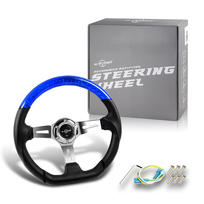 W-Power 13.5" 343mm 6-Bolt Hole JDM Euro VIP Style Blue Crystal Bubble With Black Leather Grip Aluminum Finished 3-Spoke 3 Inch Deep Dish Steering Wheel - Image 5