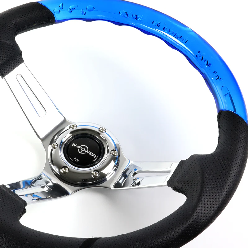 W-Power 13.5" 343mm 6-Bolt Hole JDM Euro VIP Style Blue Crystal Bubble With Black Leather Grip Aluminum Finished 3-Spoke 4 Inch Deep Dish Steering Wheel - Image 3