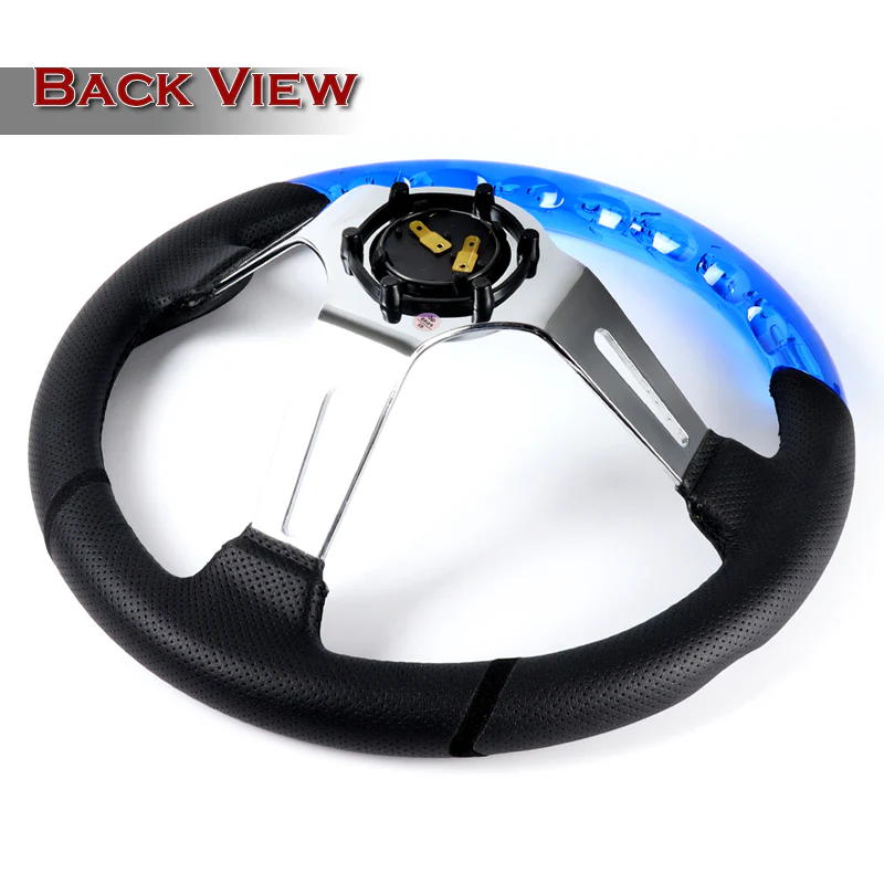 W-Power 13.5" 343mm 6-Bolt Hole JDM Euro VIP Style Blue Crystal Bubble With Black Leather Grip Aluminum Finished 3-Spoke 4 Inch Deep Dish Steering Wheel - Image 4