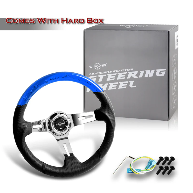 W-Power 13.5" 343mm 6-Bolt Hole JDM Euro VIP Style Blue Crystal Bubble With Black Leather Grip Aluminum Finished 3-Spoke 4 Inch Deep Dish Steering Wheel - Image 5