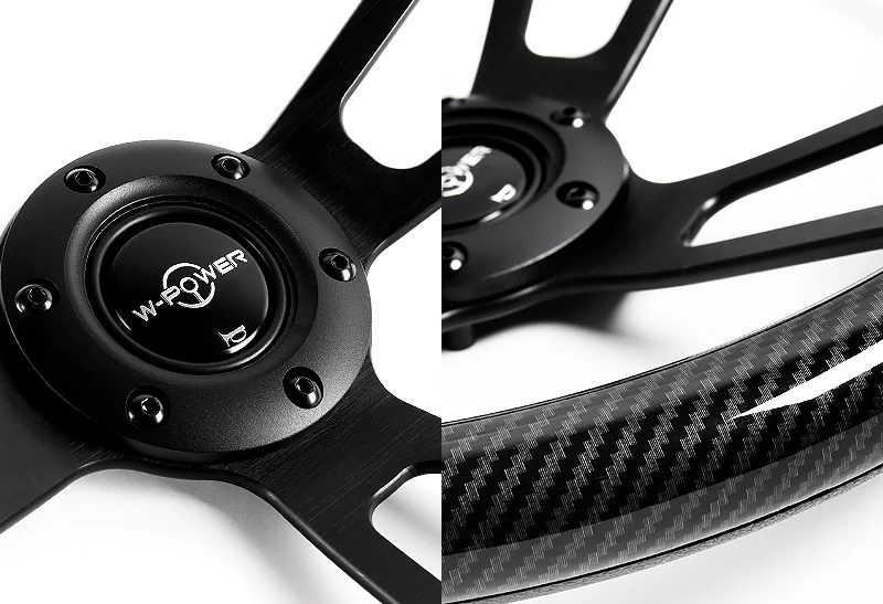 W-Power 13.5" 343mm 6-Bolt Hole JDM Euro VIP Style Carbon Fiber Look Style Leather Grip With Aluminum Finished 3-Spoke 2.5 Inch Deep Dish Steering Wheel -Black Center Spoke - Image 3