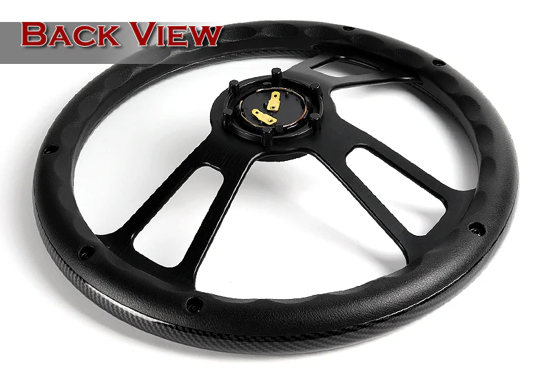 W-Power 13.5" 343mm 6-Bolt Hole JDM Euro VIP Style Carbon Fiber Look Style Leather Grip With Aluminum Finished 3-Spoke 2.5 Inch Deep Dish Steering Wheel -Black Center Spoke - Image 4