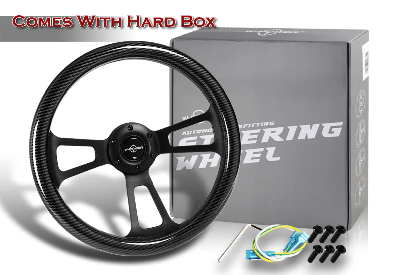 W-Power 13.5" 343mm 6-Bolt Hole JDM Euro VIP Style Carbon Fiber Look Style Leather Grip With Aluminum Finished 3-Spoke 2.5 Inch Deep Dish Steering Wheel -Black Center Spoke - Image 5