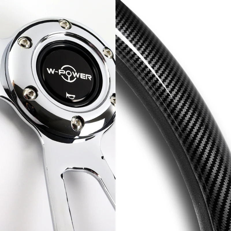 W-Power 13.5" 343mm 6-Bolt Hole JDM Euro VIP Style Carbon Fiber Look Style Leather Grip With Aluminum Finished 3-Spoke 2.5 Inch Deep Dish Steering Wheel -Chrome Center Spoke - Image 3