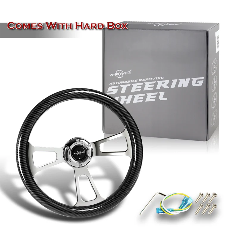 W-Power 13.5" 343mm 6-Bolt Hole JDM Euro VIP Style Carbon Fiber Look Style Leather Grip With Aluminum Finished 3-Spoke 2.5 Inch Deep Dish Steering Wheel -Chrome Center Spoke - Image 5