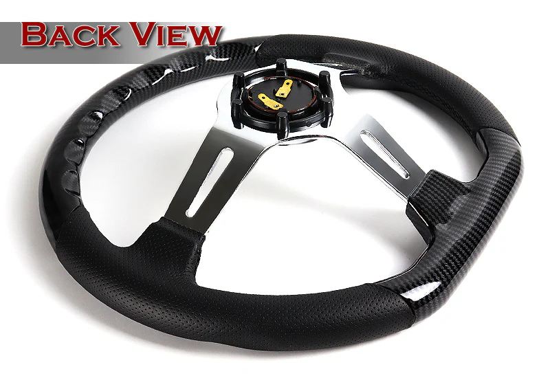 W-Power 13.5" 343mm 6-Bolt Hole JDM Euro VIP Style Carbon Fiber Look Wood Black Leather Grip With Aluminum Finished 3-Spoke 3 Inch Deep Dish Steering Wheel - Image 4