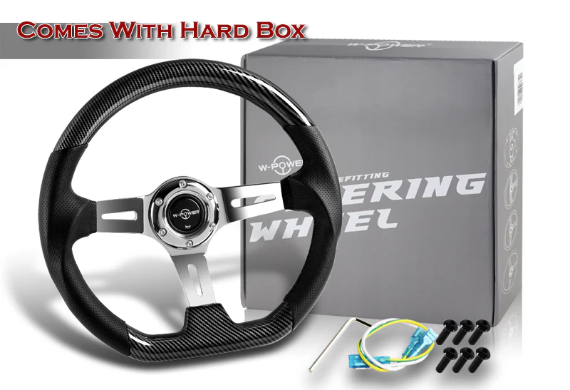 W-Power 13.5" 343mm 6-Bolt Hole JDM Euro VIP Style Carbon Fiber Look Wood Black Leather Grip With Aluminum Finished 3-Spoke 3 Inch Deep Dish Steering Wheel - Image 5