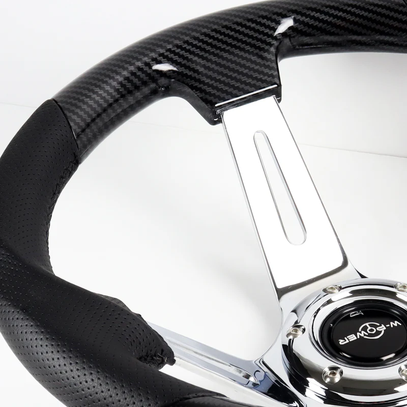 W-Power 13.5" 343mm 6-Bolt Hole JDM Euro VIP Style Carbon Fiber Look Wood Black Leather Grip With Aluminum Finished 3-Spoke 4 Inch Deep Dish Steering Wheel - Image 3