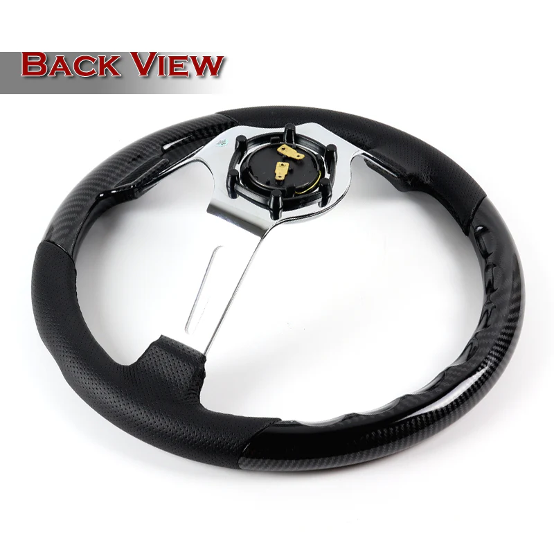 W-Power 13.5" 343mm 6-Bolt Hole JDM Euro VIP Style Carbon Fiber Look Wood Black Leather Grip With Aluminum Finished 3-Spoke 4 Inch Deep Dish Steering Wheel - Image 4