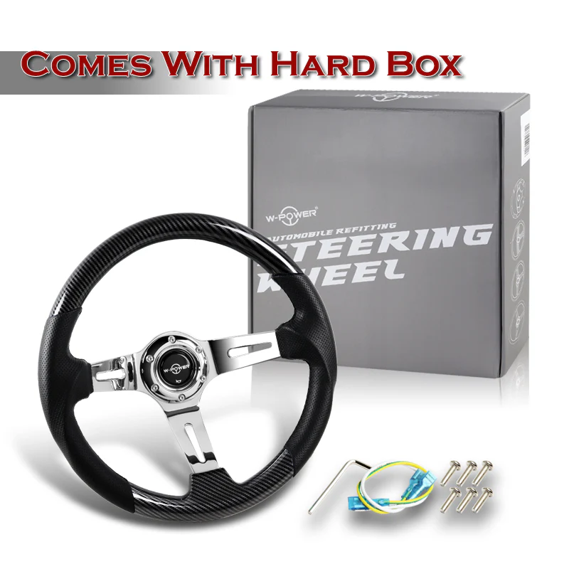 W-Power 13.5" 343mm 6-Bolt Hole JDM Euro VIP Style Carbon Fiber Look Wood Black Leather Grip With Aluminum Finished 3-Spoke 4 Inch Deep Dish Steering Wheel - Image 5