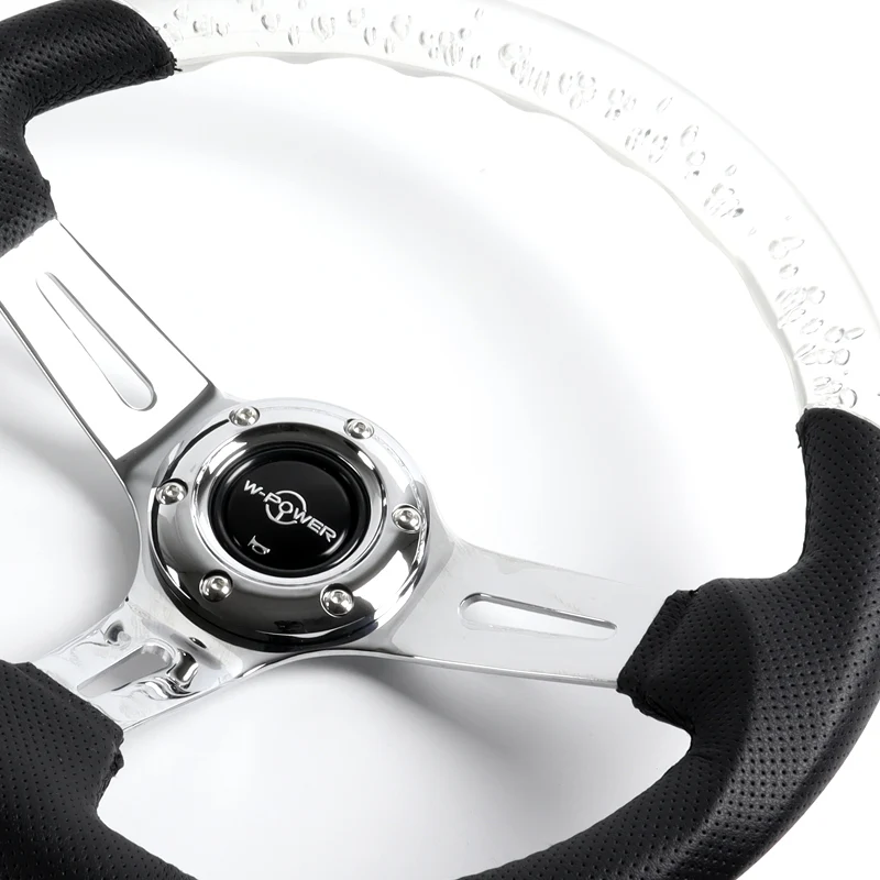 W-Power 13.5" 343mm 6-Bolt Hole JDM Euro VIP Style Clear Crystal Bubble With Black Leather Grip Aluminum Finished 3-Spoke 3 Inch Deep Dish Steering Wheel - Image 3