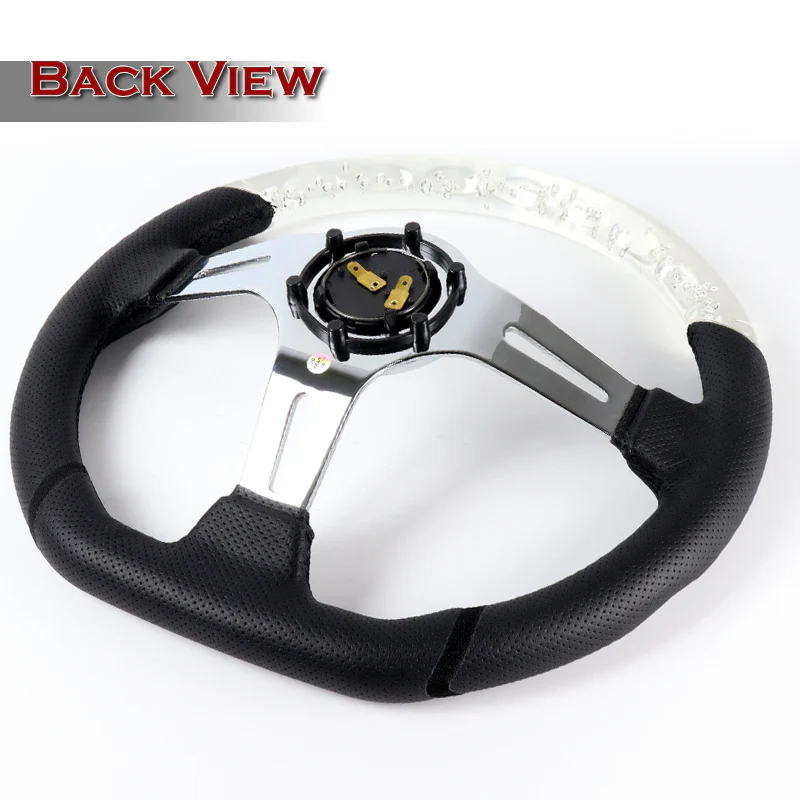 W-Power 13.5" 343mm 6-Bolt Hole JDM Euro VIP Style Clear Crystal Bubble With Black Leather Grip Aluminum Finished 3-Spoke 3 Inch Deep Dish Steering Wheel - Image 4