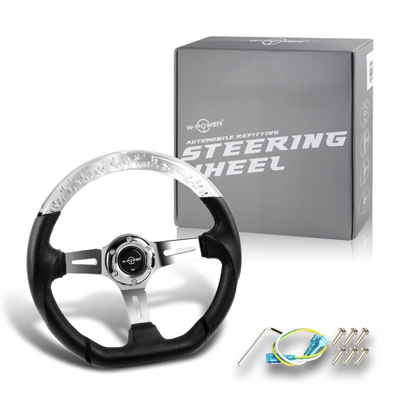 W-Power 13.5" 343mm 6-Bolt Hole JDM Euro VIP Style Clear Crystal Bubble With Black Leather Grip Aluminum Finished 3-Spoke 3 Inch Deep Dish Steering Wheel - Image 5