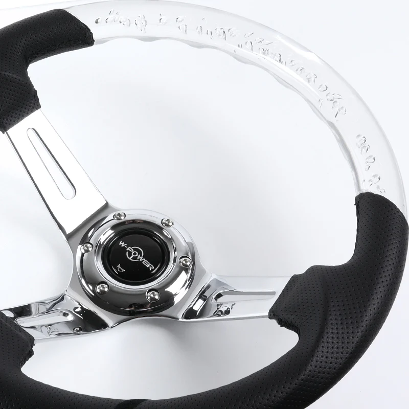 W-Power 13.5" 343mm 6-Bolt Hole JDM Euro VIP Style Clear Crystal Bubble With Black Leather Grip Aluminum Finished 3-Spoke 4 Inch Deep Dish Steering Wheel - Image 3