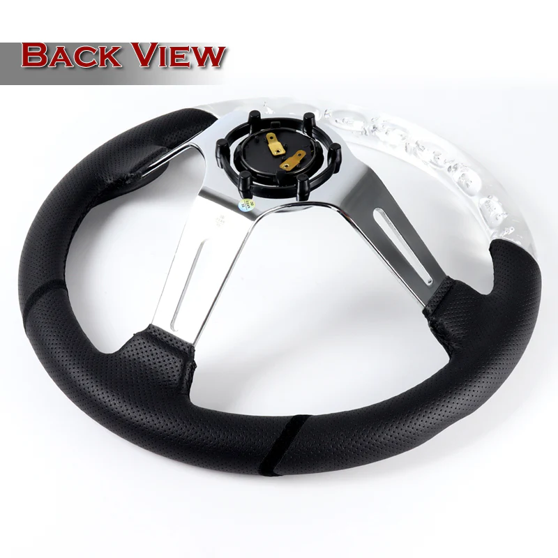 W-Power 13.5" 343mm 6-Bolt Hole JDM Euro VIP Style Clear Crystal Bubble With Black Leather Grip Aluminum Finished 3-Spoke 4 Inch Deep Dish Steering Wheel - Image 4