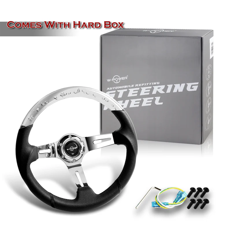 W-Power 13.5" 343mm 6-Bolt Hole JDM Euro VIP Style Clear Crystal Bubble With Black Leather Grip Aluminum Finished 3-Spoke 4 Inch Deep Dish Steering Wheel - Image 5