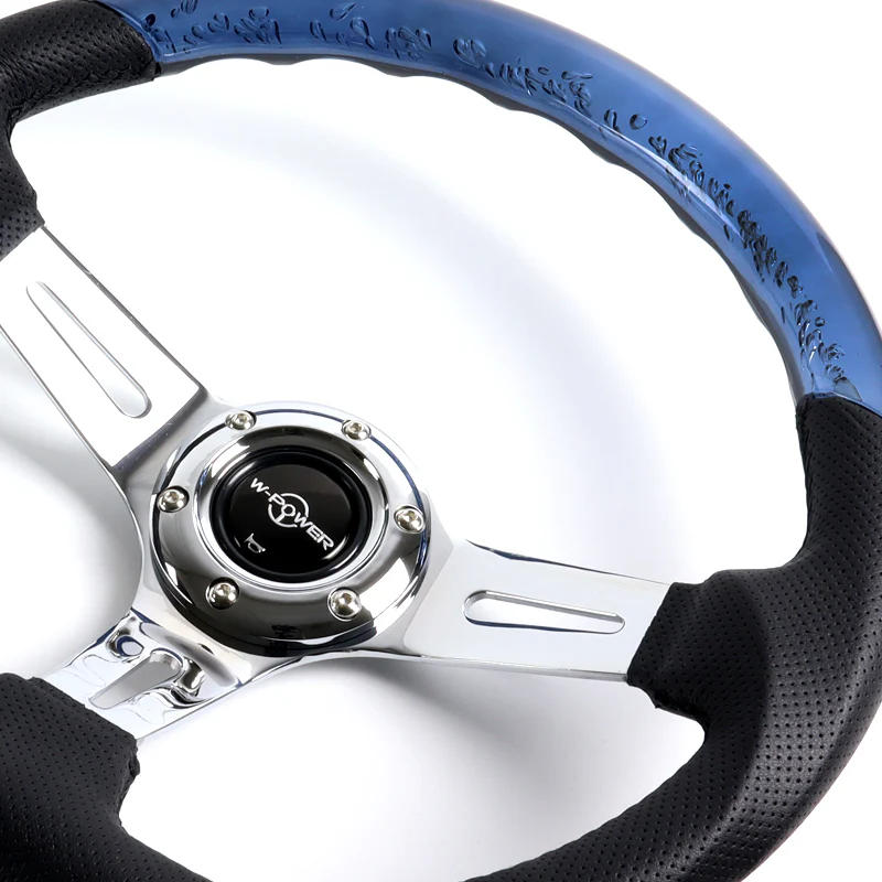 W-Power 13.5" 343mm 6-Bolt Hole JDM Euro VIP Style Crystal Bubble With Black Leather Grip Aluminum Finished 3-Spoke 3 Inch Deep Dish Steering Wheel - Image 3