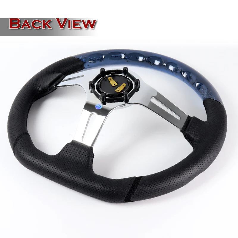 W-Power 13.5" 343mm 6-Bolt Hole JDM Euro VIP Style Crystal Bubble With Black Leather Grip Aluminum Finished 3-Spoke 3 Inch Deep Dish Steering Wheel - Image 4