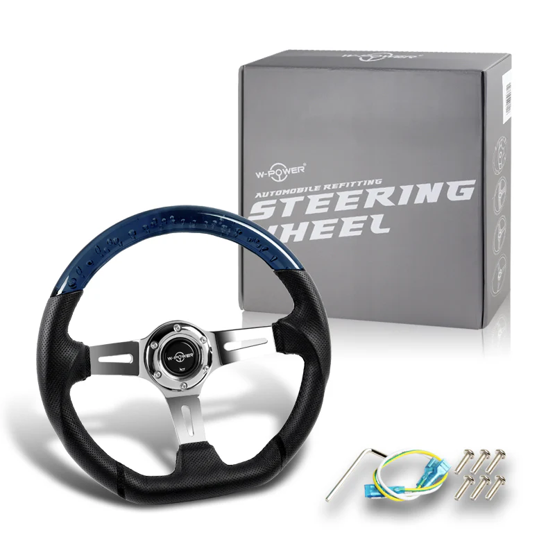 W-Power 13.5" 343mm 6-Bolt Hole JDM Euro VIP Style Crystal Bubble With Black Leather Grip Aluminum Finished 3-Spoke 3 Inch Deep Dish Steering Wheel - Image 5