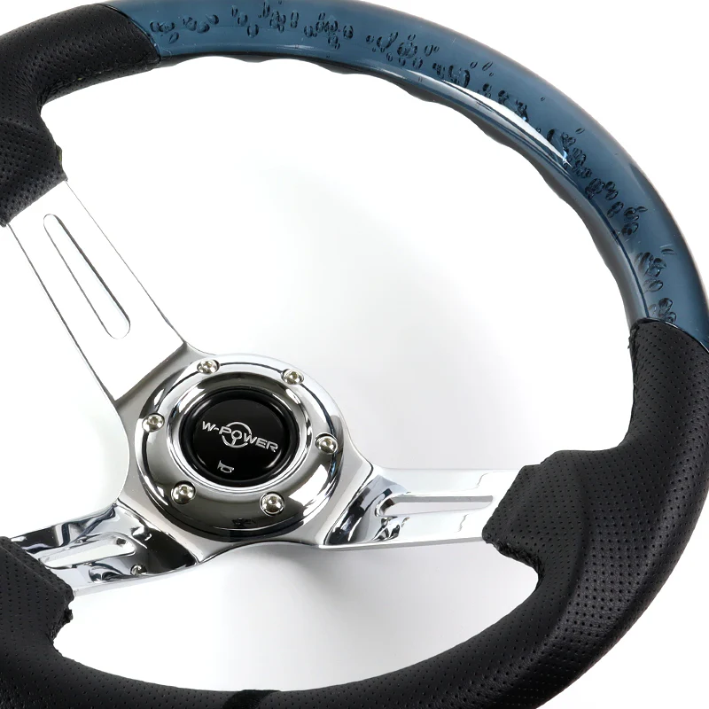 W-Power 13.5" 343mm 6-Bolt Hole JDM Euro VIP Style Crystal Bubble With Black Leather Grip Aluminum Finished 3-Spoke 4 Inches Deep Dish Steering Wheel - Image 3