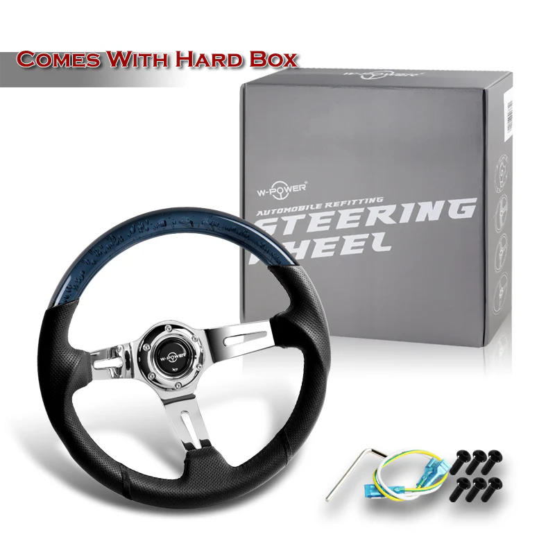 W-Power 13.5" 343mm 6-Bolt Hole JDM Euro VIP Style Crystal Bubble With Black Leather Grip Aluminum Finished 3-Spoke 4 Inches Deep Dish Steering Wheel - Image 5