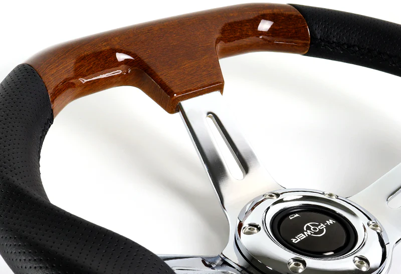 W-Power 13.5" 343mm 6-Bolt Hole JDM Euro VIP Style Dark Wood Black Leather Grip With Aluminum Finished 3-Spoke 3 Inch Deep Dish Steering Wheel - Image 3