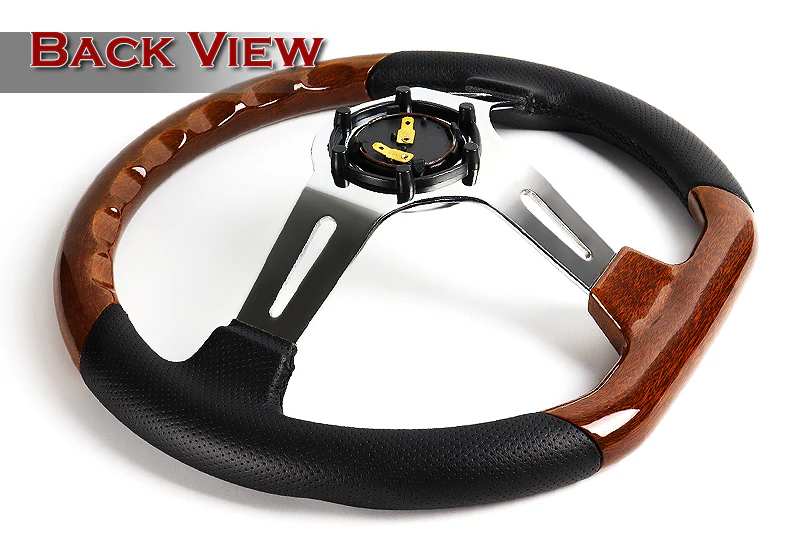 W-Power 13.5" 343mm 6-Bolt Hole JDM Euro VIP Style Dark Wood Black Leather Grip With Aluminum Finished 3-Spoke 3 Inch Deep Dish Steering Wheel - Image 4