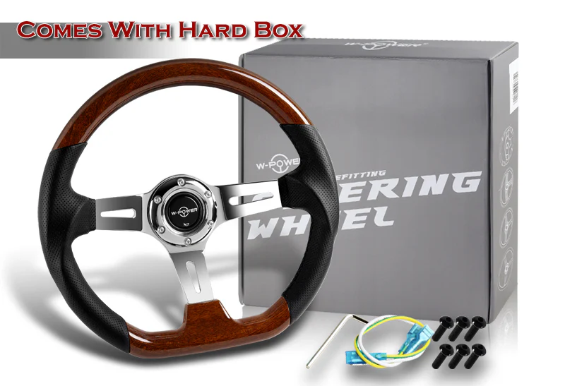 W-Power 13.5" 343mm 6-Bolt Hole JDM Euro VIP Style Dark Wood Black Leather Grip With Aluminum Finished 3-Spoke 3 Inch Deep Dish Steering Wheel - Image 5