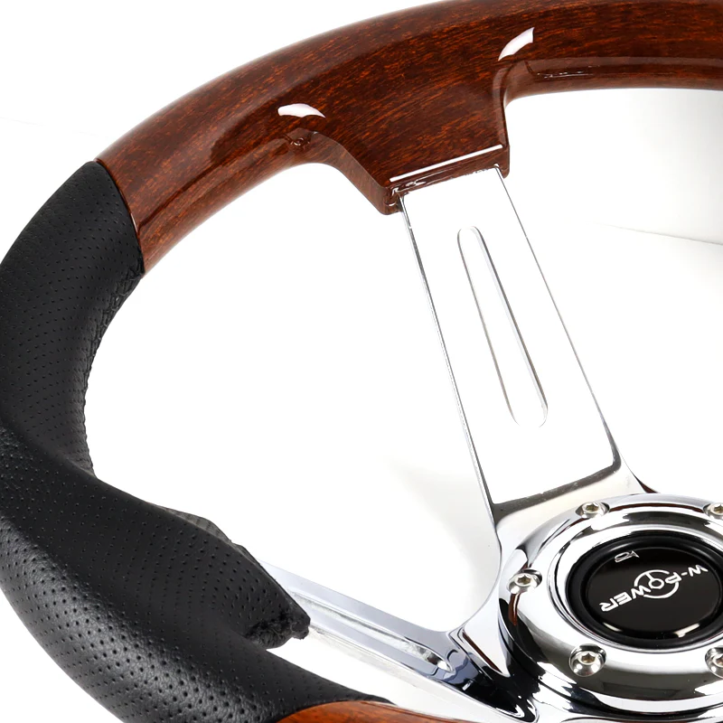 W-Power 13.5" 343mm 6-Bolt Hole JDM Euro VIP Style Dark Wood Black Leather Grip With Aluminum Finished 3-Spoke 4 Inch Deep Dish Steering Wheel - Image 3