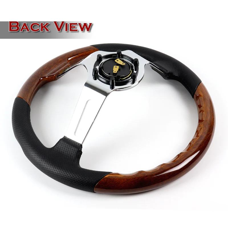 W-Power 13.5" 343mm 6-Bolt Hole JDM Euro VIP Style Dark Wood Black Leather Grip With Aluminum Finished 3-Spoke 4 Inch Deep Dish Steering Wheel - Image 4
