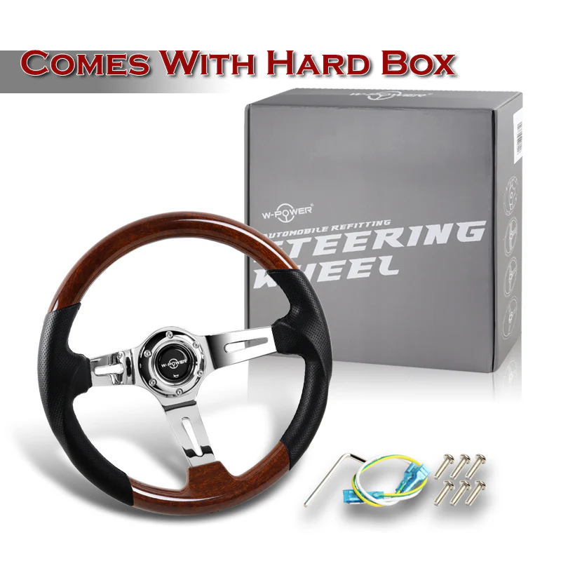 W-Power 13.5" 343mm 6-Bolt Hole JDM Euro VIP Style Dark Wood Black Leather Grip With Aluminum Finished 3-Spoke 4 Inch Deep Dish Steering Wheel - Image 5