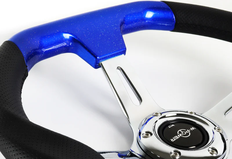 W-Power 13.5" 343mm 6-Bolt Hole JDM Euro VIP Style Pearl Wood Black Leather Grip With Aluminum Finished 3-Spoke 3 Inch Deep Dish Steering Wheel -Pearl Blue Wood - Image 3