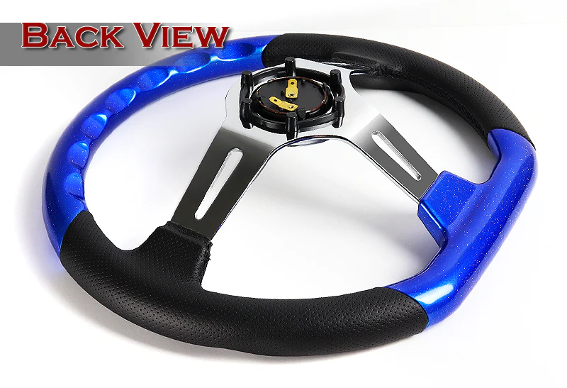 W-Power 13.5" 343mm 6-Bolt Hole JDM Euro VIP Style Pearl Wood Black Leather Grip With Aluminum Finished 3-Spoke 3 Inch Deep Dish Steering Wheel -Pearl Blue Wood - Image 4