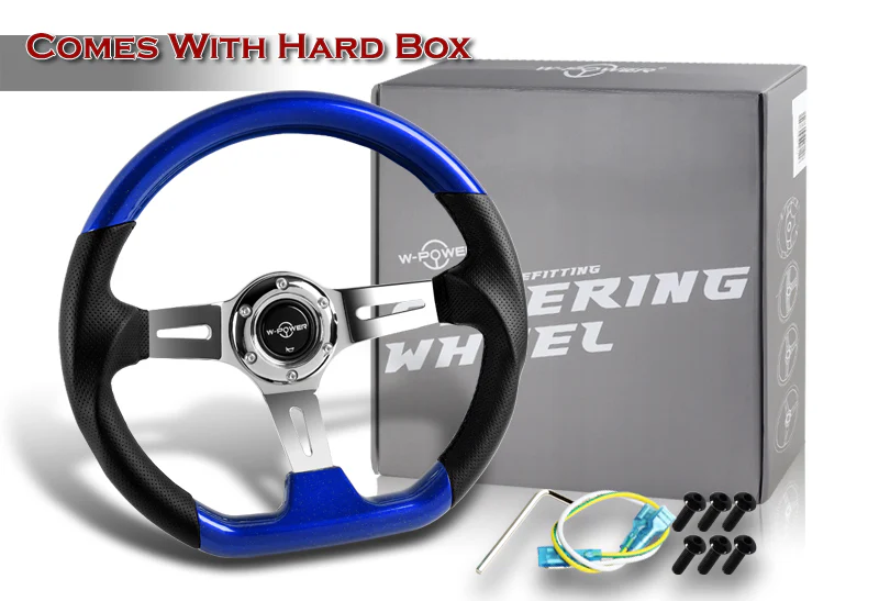 W-Power 13.5" 343mm 6-Bolt Hole JDM Euro VIP Style Pearl Wood Black Leather Grip With Aluminum Finished 3-Spoke 3 Inch Deep Dish Steering Wheel -Pearl Blue Wood - Image 5