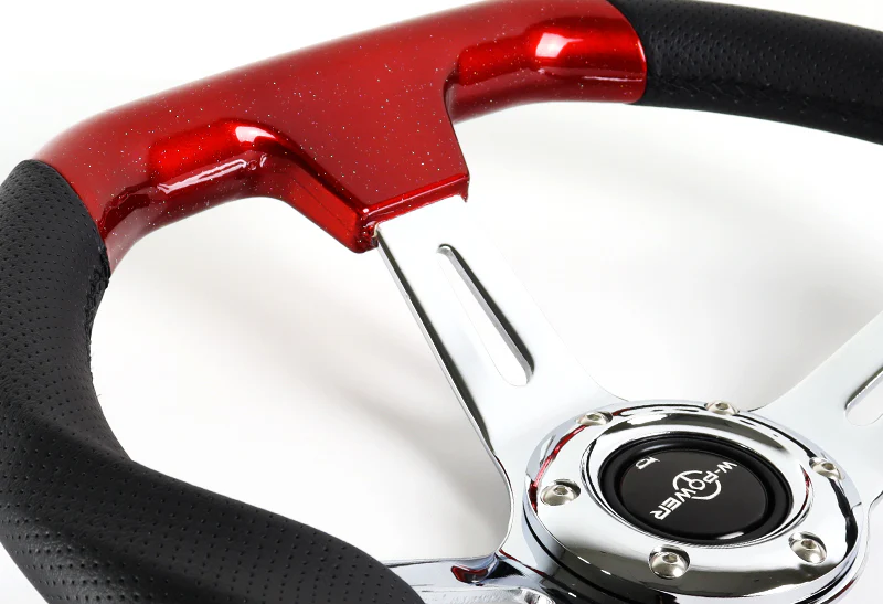 W-Power 13.5" 343mm 6-Bolt Hole JDM Euro VIP Style Pearl Wood Black Leather Grip With Aluminum Finished 3-Spoke 3 Inch Deep Dish Steering Wheel -Pearl Red Wood - Image 3
