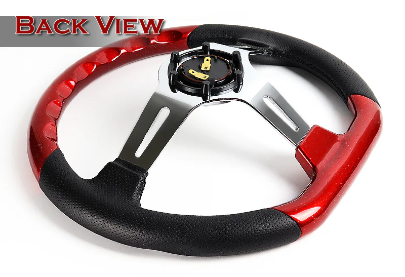 W-Power 13.5" 343mm 6-Bolt Hole JDM Euro VIP Style Pearl Wood Black Leather Grip With Aluminum Finished 3-Spoke 3 Inch Deep Dish Steering Wheel -Pearl Red Wood - Image 4